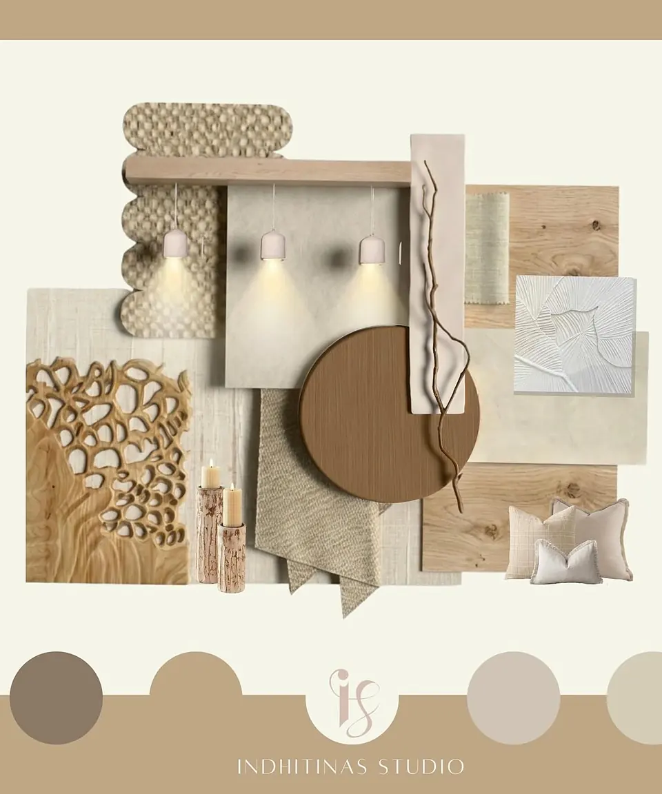 Moodboard de Indhitina Studio: maderas, fibras, travertino, lino y apliques de luz, con su paleta de colores