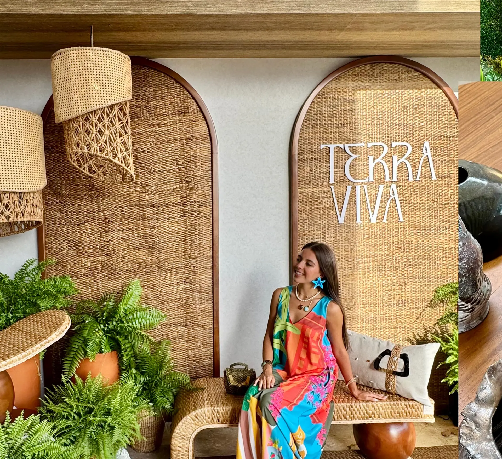 Indhira Cabrera en el espacio Terra Viva: arcos de fibra natural, helechos y lámparas de mimbre